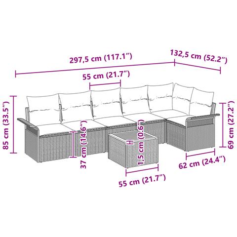 Set divano da giardino di 7 pezzi con cuscini beige polyrattan acacia - Foto 9