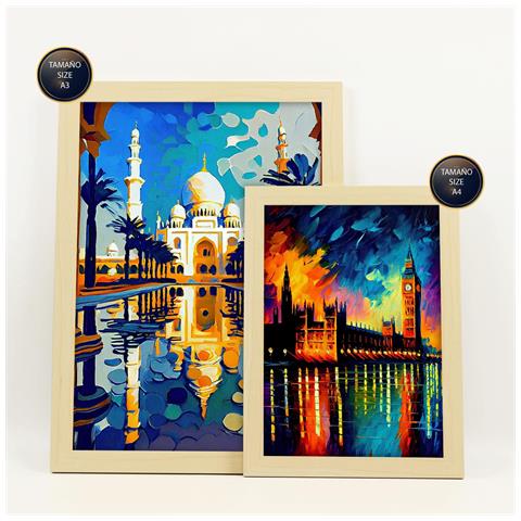 Set Di 6 Stampe Fiume In Stile Dipinto A Olio. Illustrazioni Di Monumenti E Città In Stile Fotografico A Colori. A3 & A4 Telaio In Legno Chiaro - Foto 2