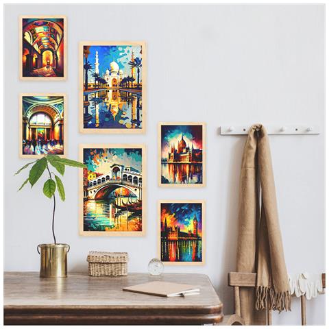 Set Di 6 Stampe Fiume In Stile Dipinto A Olio. Illustrazioni Di Monumenti E Città In Stile Fotografico A Colori. A3 & A4 Telaio In Legno Chiaro - Foto 5