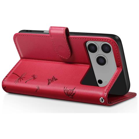 Custodia A Portafoglio Per Iphone 17 Pro Max Premium Design Fiori Farfalla, Rosso - Foto 2