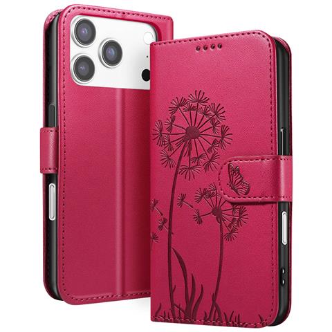 Custodia A Portafoglio Per Iphone 17 Pro Max Premium Design Fiori Farfalla, Rosso - Foto 5