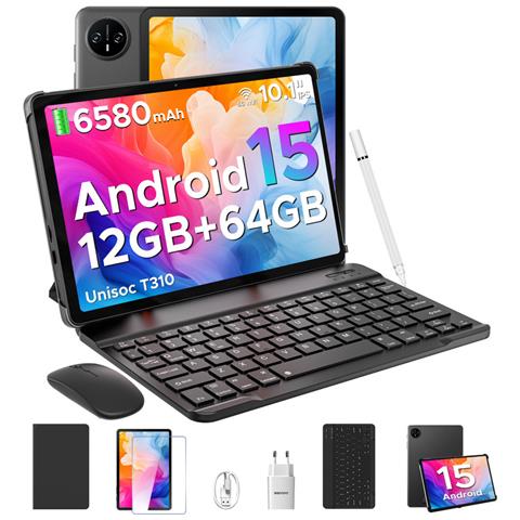 Tab A9 Android 15 Tablet con Tastiera, Tablet 10 Pollici Gemini AI, Con tastiera /stilo /custodia, 1280 * 800 HD IPS, 12GB (3GB+9GB) RAM + 64GB ROM, 6580mAh, WiFi 5, Doppia Speaker, 8MP+5MP, Tablet in Offerta Face ID /OTG - Foto 1