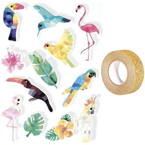 12 Adesivi 3d Uccelli Tropicali 6 Cm + Washi Tape Dorato 5 M - Foto 2