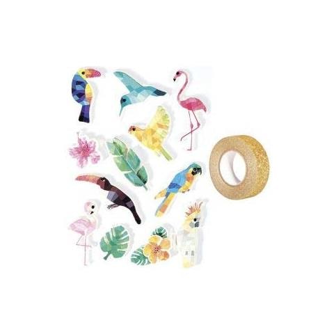12 Adesivi 3d Uccelli Tropicali 6 Cm + Washi Tape Dorato 5 M - Foto 1