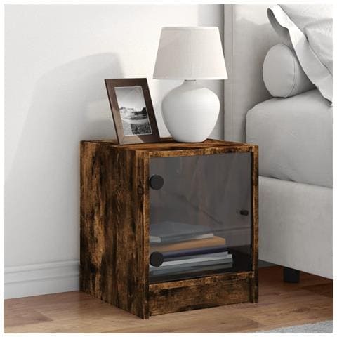 Comodino Con Anta In Vetro Rovere Fumo 35x37x42 Cm - Foto 3