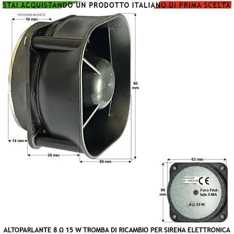 Tromba Altoparlante Ricambio Sirena Allarme Impedenza 8 Ohm Potenza 15 W Suoni Alta Frequenza Da 850 ± 4600 Hz Tweeter - Foto 1
