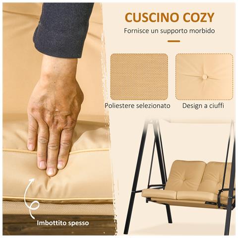 Dondolo 2 Posti In Acciaio E Tessuto Teslin Con Tettuccio Regolabile E Cuscini, 138x106x174 Cm, Beige - Foto 6