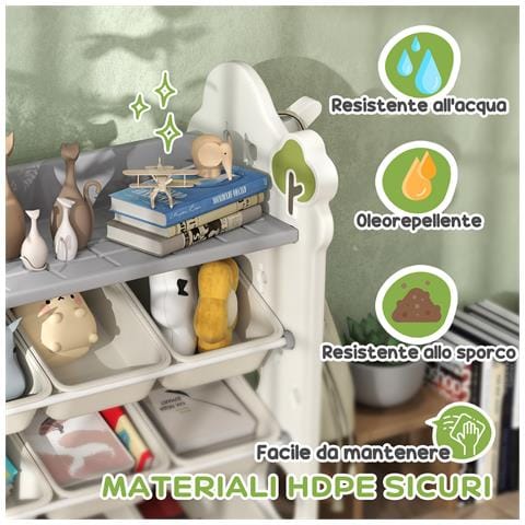 Scaffale Per Giocattoli A 4 Livelli Con 9 Contenitori - In HDPE, 77x42x94 Cm, Colore Crema