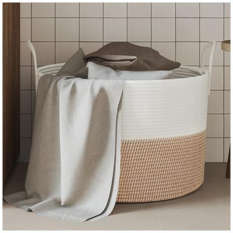 Cestino Portaoggetti Marrone e Bianco Ø51x33 cm in Cotone - Foto 2