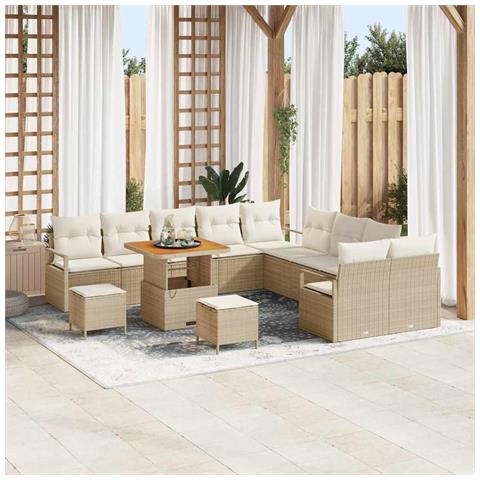 Set di divani da giardino  13 pezzi con cuscini Beige Polirattan Acacia, Divano da giardino  2 posti con cuscini Beige Polirattan, Set da pranzo da giardino  3 pezzi con cuscini Beige Polirattan Acacia - Foto 2