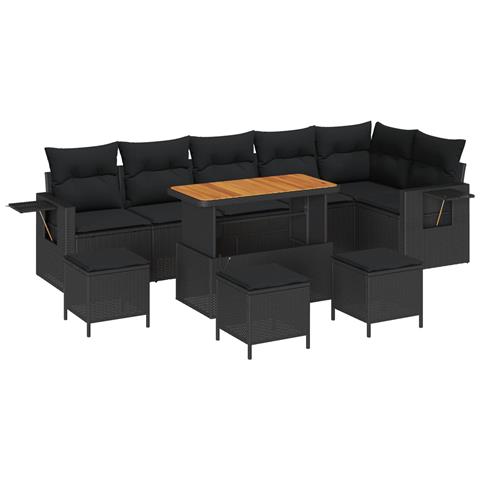 Set di Divani da Giardino da 10 Pezzi con Cuscini Nero Poly Rattan Acacia, Set da Pranzo da Giardino da 4 Pezzi con Cuscini Nero Poly Rattan Acacia - Foto 1