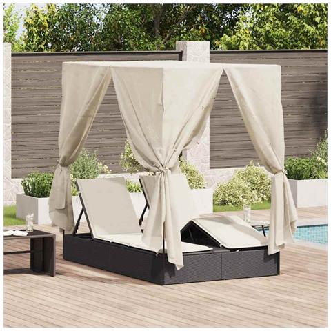 Doppio Lettino Prendi Sole con Tetto e Tendine Nero Polyrattan - Foto 2