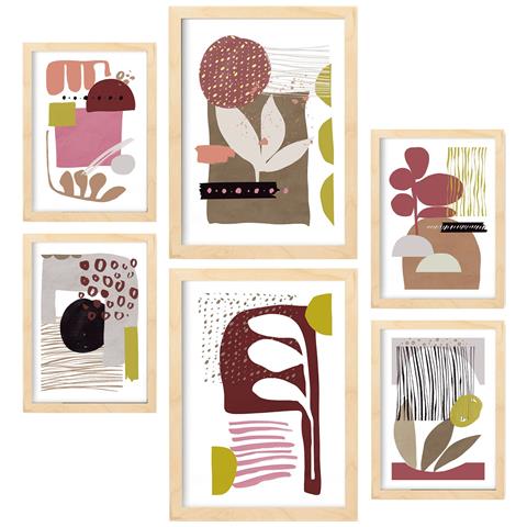 Set Di 6 Stampe Forma Particolare 2 In Dipinti Decorativi Estetici Astratti A Forma Di Fiore Per Il Tuo Soggiorno Di Casa A3 & A4 Telaio In Legno Chiaro - Foto 1