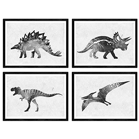 Set Di 4 Stampe Dinosauri Neri Di Dinosauri. Piatti Di Dinosauri Per Bambini Senza Cornice A4 - Foto 1