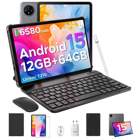 Tab A9 Android 15 Tablet con Tastiera, Tablet 10 Pollici Gemini AI, Con tastiera /stilo /custodia, 1280 * 800 HD IPS, 12GB (3GB+9GB) RAM + 64GB ROM, 6580mAh, WiFi 5, Doppia Speaker, 8MP+5MP, Tablet in Offerta Face ID /OTG - Foto 1
