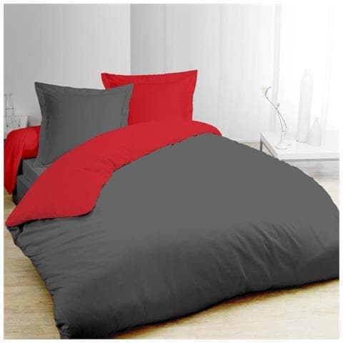 Parure De Couette Bicolore 100% Coton - 1 Housse De Couette 220x240cm + 2 Taies D'oreillers 65x65 Cm Anthracite Et Rouge - Foto 1