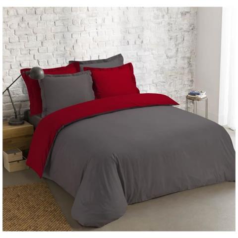Parure De Couette Bicolore 100% Coton - 1 Housse De Couette 220x240cm + 2 Taies D'oreillers 65x65 Cm Anthracite Et Rouge - Foto 2