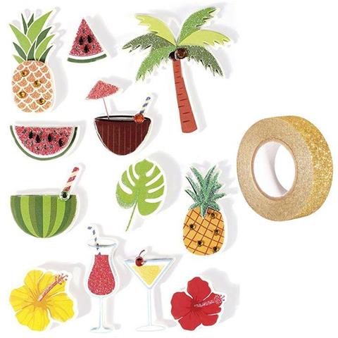 12 Adesivi 3d Tropicale 5,5 Cm + Washi Tape Dorato 5 M - Foto 2