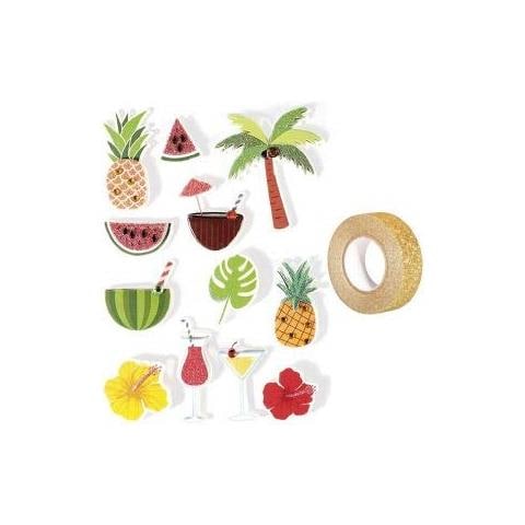 12 Adesivi 3d Tropicale 5,5 Cm + Washi Tape Dorato 5 M - Foto 1