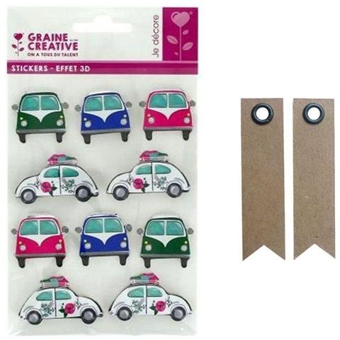 10 Adesivi 3d Macchine Di Vacanze + 20 Etichette Kraft Con Gagliardetto - Foto 1