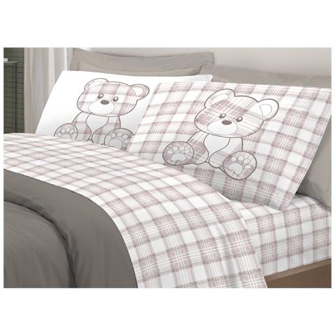 Completo Lenzuola Linea Pensieri Delicati 100% Cotone Orsetto Tartan Primavera Piazza E Mezza Beige - Foto 1