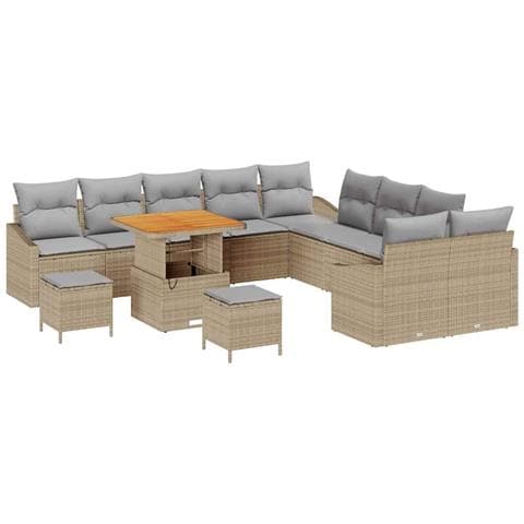 Set di Divani da Giardino  13 Pezzi con Cuscini Beige Polirattan Acacia, Divano da Giardino 2 Posti  con Cuscini Beige Polirattan, Set da Pranzo per Giardino  3 Pezzi con Cuscini Beige Polirattan Acacia - Foto 1