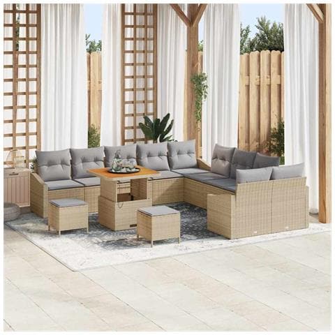 Set di Divani da Giardino  13 Pezzi con Cuscini Beige Polirattan Acacia, Divano da Giardino 2 Posti  con Cuscini Beige Polirattan, Set da Pranzo per Giardino  3 Pezzi con Cuscini Beige Polirattan Acacia - Foto 2