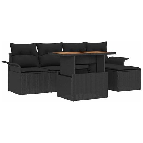 Set pranzo giardino 6 pezzi con cuscini nero in polyrattan - Foto 1