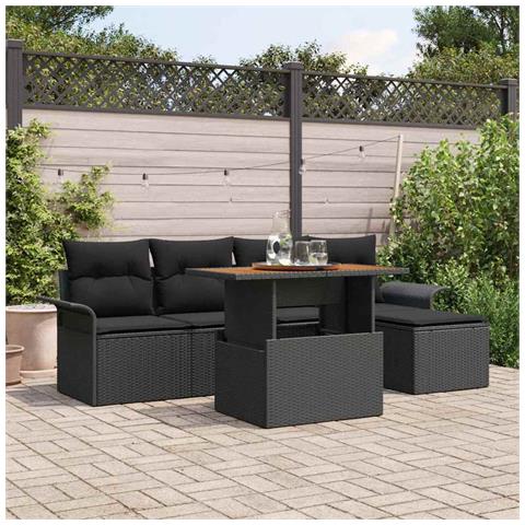 Set pranzo giardino 6 pezzi con cuscini nero in polyrattan - Foto 2