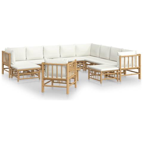 Set Salotto da Giardino 12pz con Cuscini Bianco Crema in Bambù - Foto 1