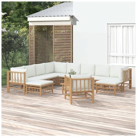 Set Salotto da Giardino 12pz con Cuscini Bianco Crema in Bambù - Foto 2