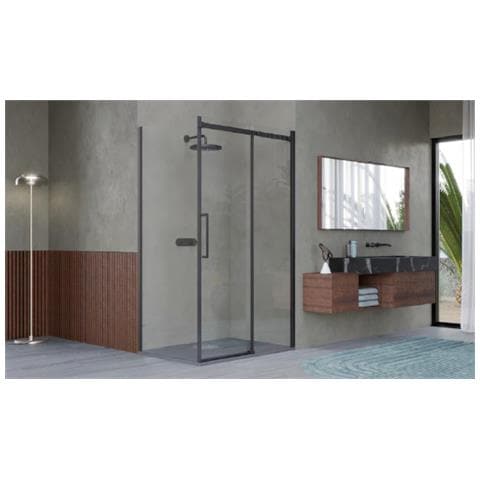 Box Doccia 2 Lati 90x110 Cm Senza Telaio H200 Cm Da 8mm: Lato Fisso + Porta Scorrevole Fiore Nero Opaco - Foto 1