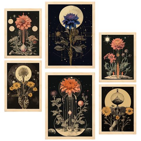 Set Di 6 Stampe Illustrazione Di Pittura Decorativa, Collage Surreale In Illustrazioni Incorniciate Mistiche Ed Esoteriche A3 & A4 Telaio In Legno Chiaro - Foto 1