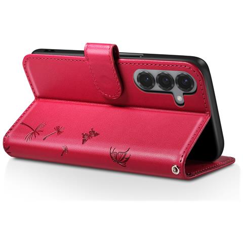 Custodia A Portafoglio Per Galaxy S24 / S25 Premium Design Fiori Farfalla, Rosso - Foto 5