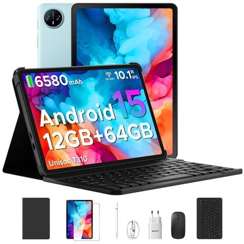 Tab A9 Android 15 Tablet con Tastiera, Tablet 10 Pollici Gemini AI, Con tastiera /stilo /custodia, 1280 * 800 HD IPS, 12GB (3GB+9GB) RAM + 64GB ROM, 6580mAh, WiFi 5, Doppia Speaker, 8MP+5MP, Tablet in Offerta Face ID /OTG - Foto 1