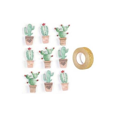 9 Adesivi 3d Cactus Messicano 4,5 Cm + Washi Tape Dorato 5 M - Foto 1