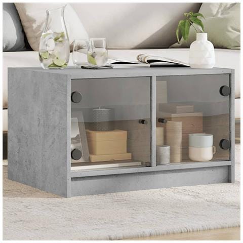Tavolino Da Salotto Con Ante In Vetro Grigio Cemento 68x50x42cm - Foto 1