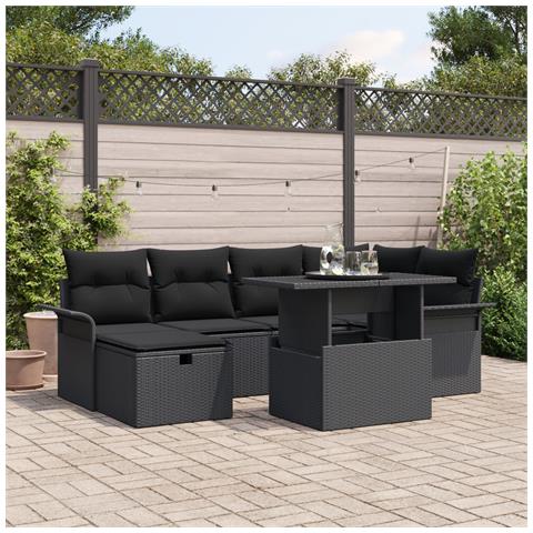 Set Divano Angolare per Giardino a 7 Pezzi con Cuscini Nero Polyrattan - Foto 2