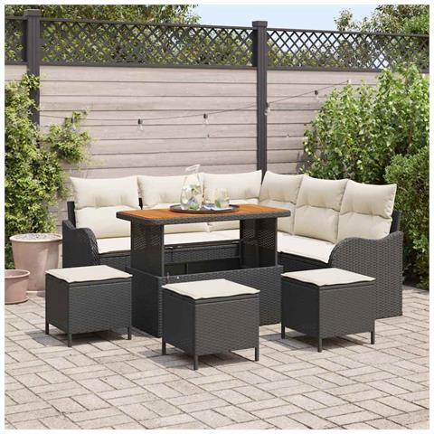 Set divano da giardino 9 pezzi con cuscini in polyrattan nero e acacia, Divano da giardino 2 posti con spazio di stoccaggio e cuscini in polyrattan nero, Set da pranzo da giardino 4 pezzi con cuscini in polyrattan nero e acacia - Foto 2