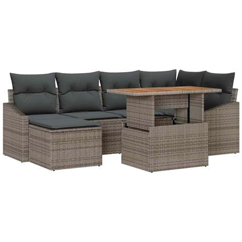 Set Pranzo Giardino 7 Pezzi con Cuscini Grigio Poly Rattan Acacia - Foto 1