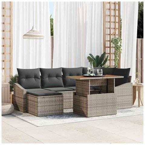 Set Pranzo Giardino 7 Pezzi con Cuscini Grigio Poly Rattan Acacia - Foto 2