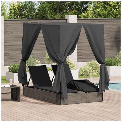 Lettino doppio con tetto e tende in polyrattan grigio - Foto 2