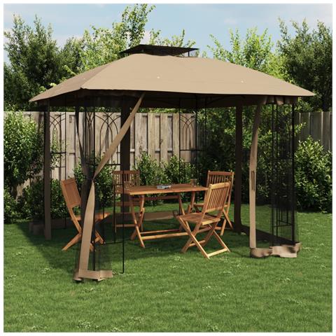 Gazebo con Tetto Doppio/Pareti Rete Tortora 2,94x2,94 m Acciaio - Foto 2