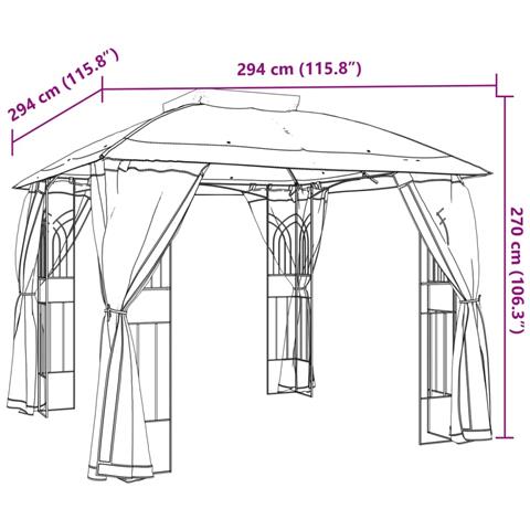 Gazebo con Tetto Doppio/Pareti Rete Tortora 2,94x2,94 m Acciaio - Foto 9