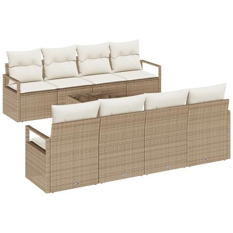 Set Divano da Giardino  9 Pezzi con Cuscini Beige Polyrattan, Divano da Giardino  2 Posti con Cuscini Beige Polyrattan - Foto 1
