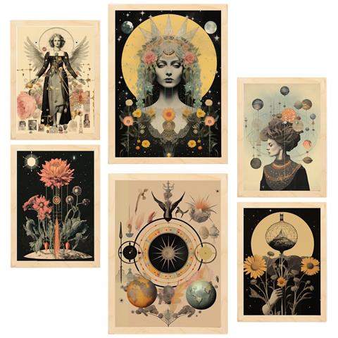 Set Di 6 Stampe Pittura Decorativa Collage Surreale In Mistico Esoterico Incorniciato Con Illustrazioni A3 & A4 Telaio In Legno Chiaro - Foto 1