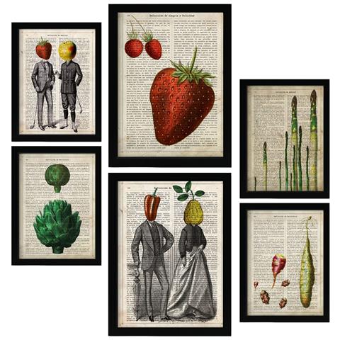 Set Di 6 Stampe Poster In Stile Cartaceo Vintage Da Cucina Con Sfondi Enciclopedici, Frutta E Verdura, Stile Di Vita Sano A3 & A4 Senza Cornice - Foto 1