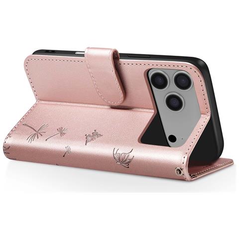Custodia A Portafoglio Per Iphone 17 Pro Premium Design Fiori Farfalla, Rosa Champagne - Foto 2