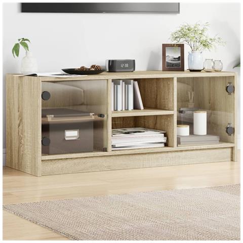 Mobile Porta Tv Con Ante In Vetro Rovere Sonoma 102x37x42 Cm - Foto 1