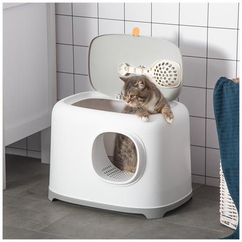 Lettiera per Gatti Apribile in PP con Paletta e Coperchio Inclusi Dimensioni 55x40x39 cm Bianco e Grigio - Foto 2